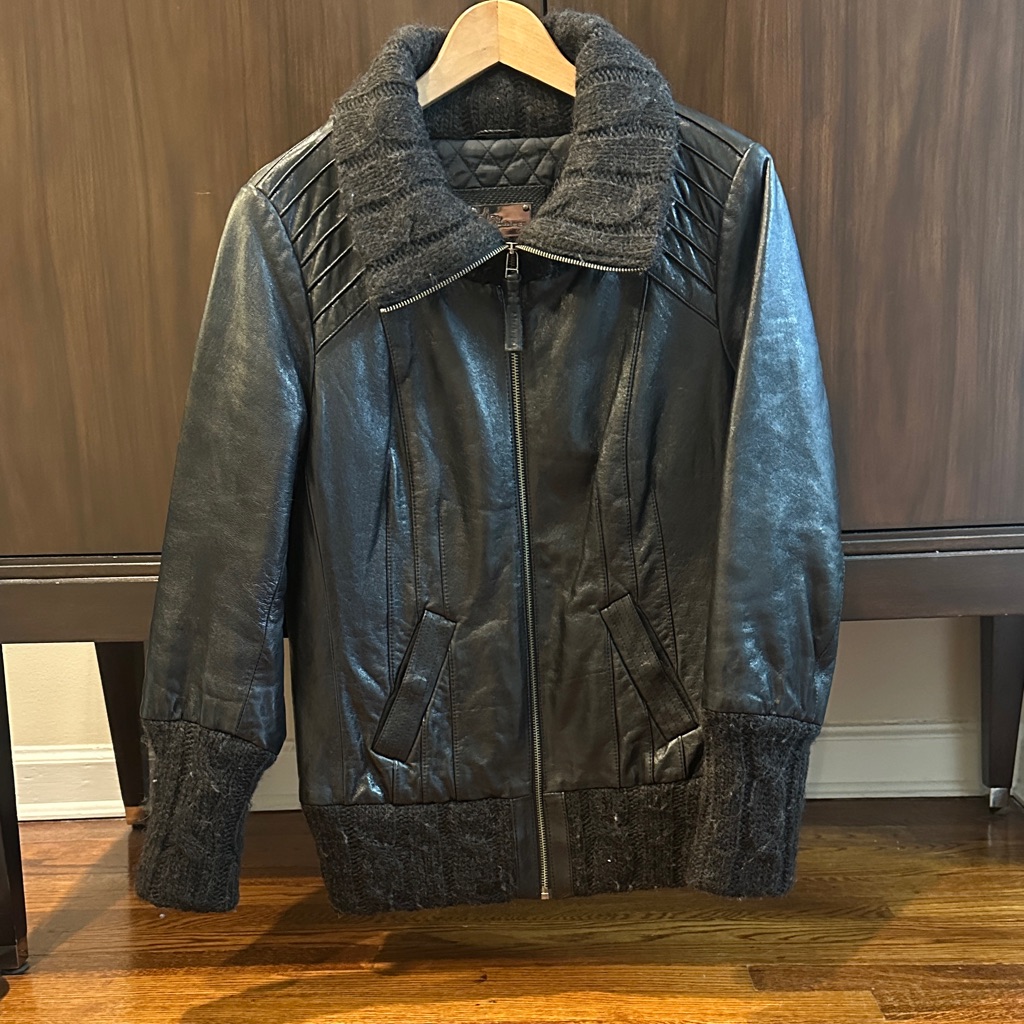 Worn Mackage Black Leather Jacket With Knit Trim - Size Large